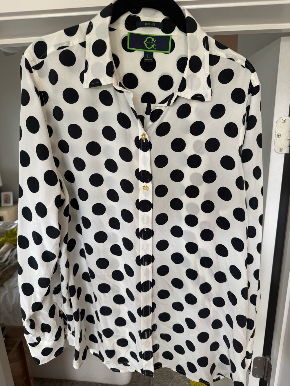 C Wonder Black & White Polka Dot Button-Up Blouse 100% silk